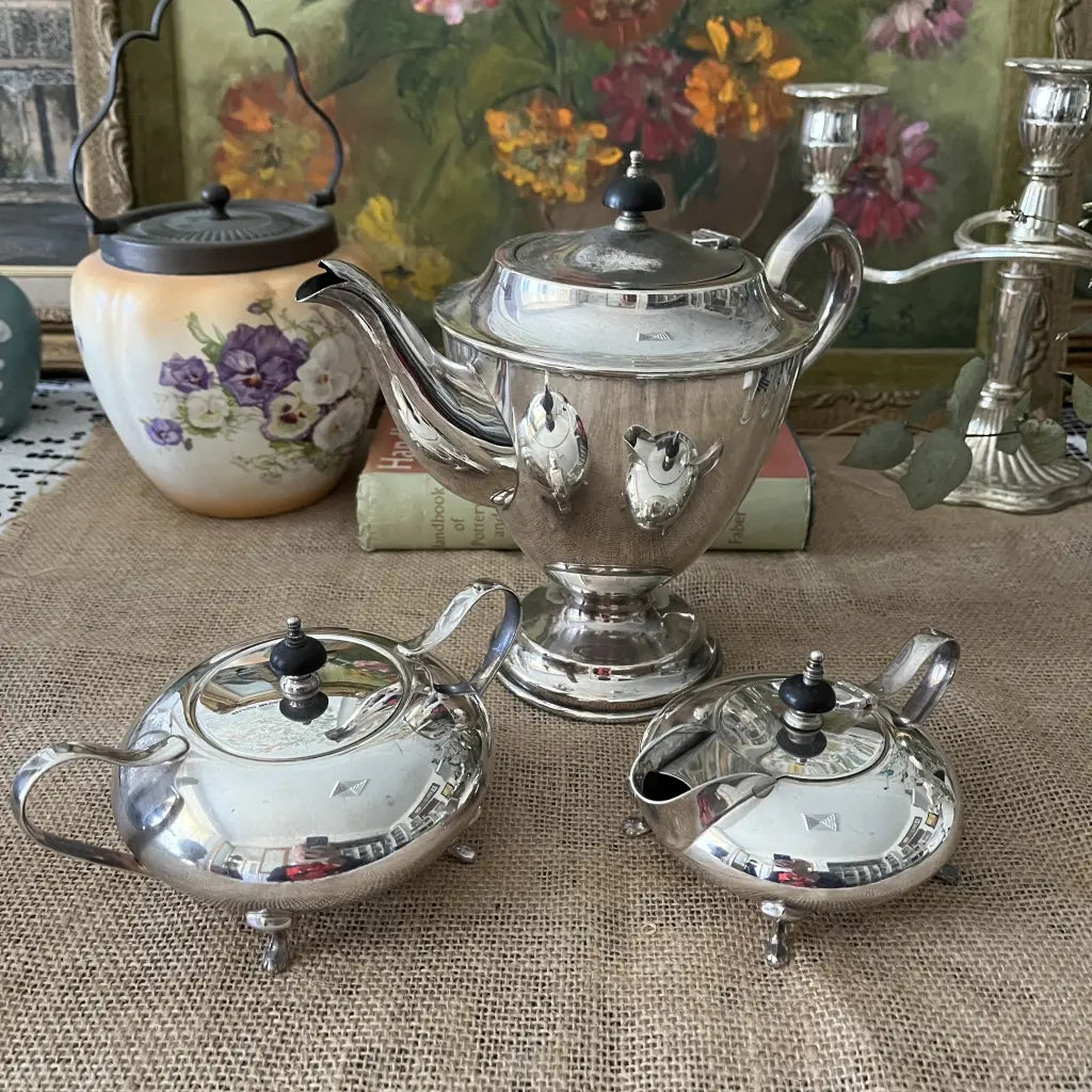 1940 silver tea pot with creamer n on sale sugar bowl