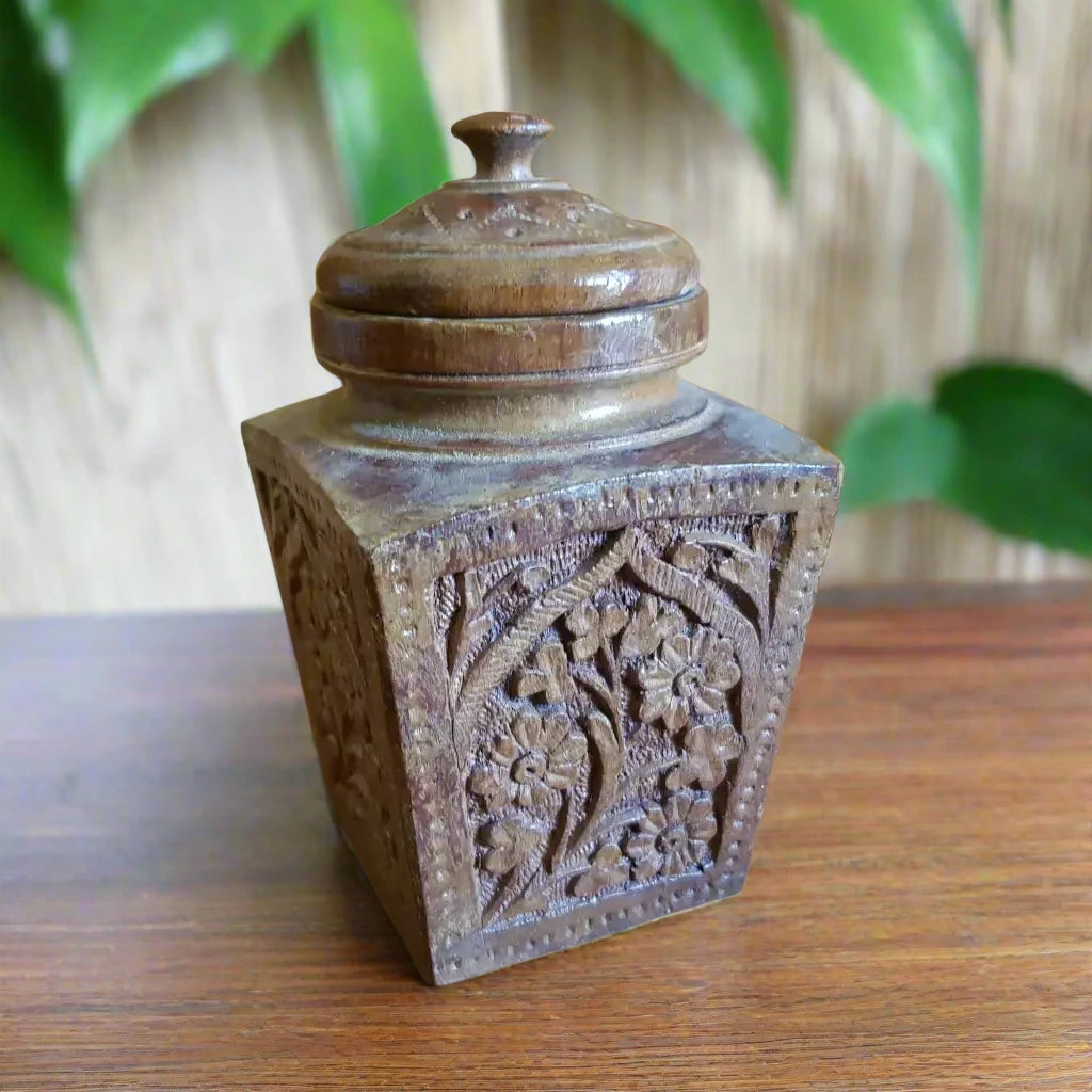 19th Century Hand Carved Wooden Tea Caddy Right