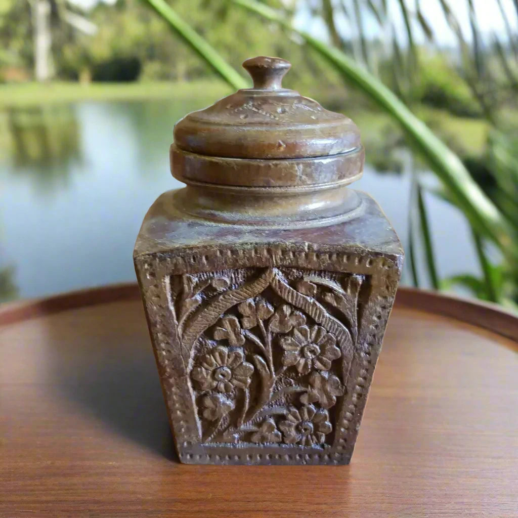 19th Century Hand Carved Wooden Tea Caddy Main