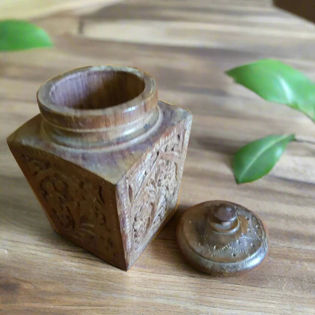 19th Century Hand Carved Wooden Tea Caddy Left