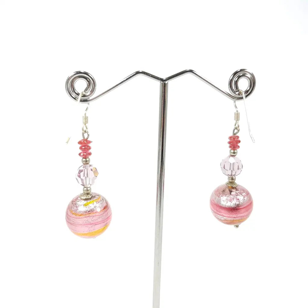 Hand Painted Pink Murano Glass Drop Earrings Front