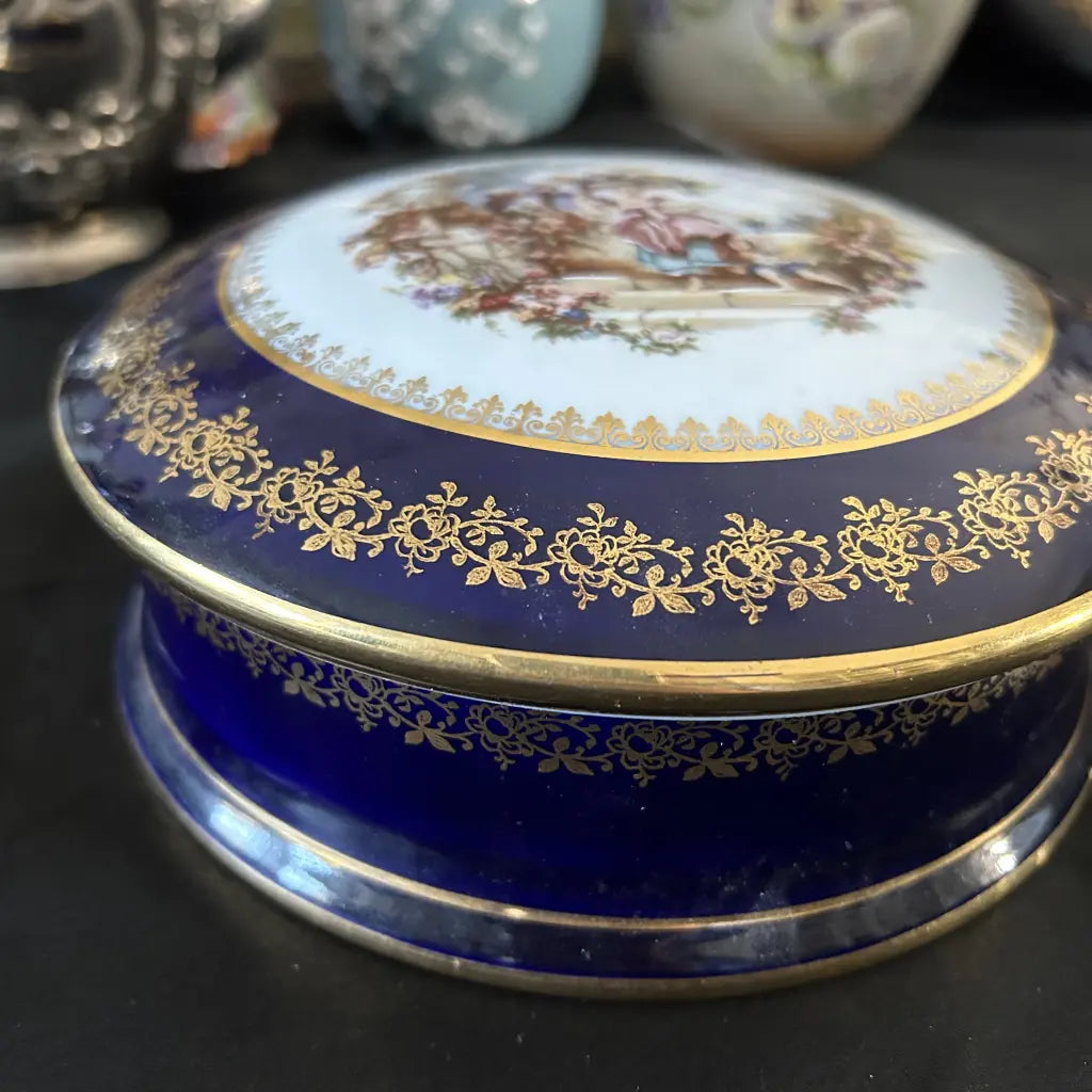 Limoges Trinket Dish Vintage Blue and Gold Close