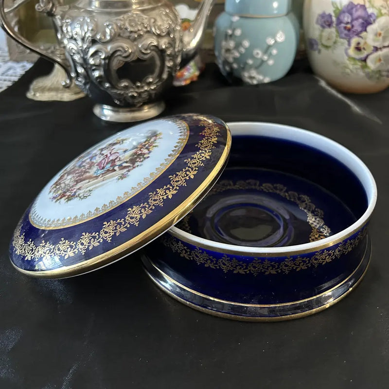 Limoges Trinket Dish Vintage Blue and Gold Lid Off