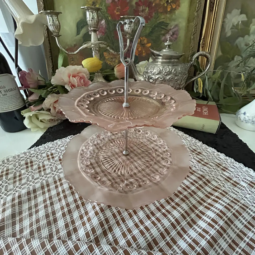 Mid-Century-Pink-Pressed-Glass-Tiered-Stand Front