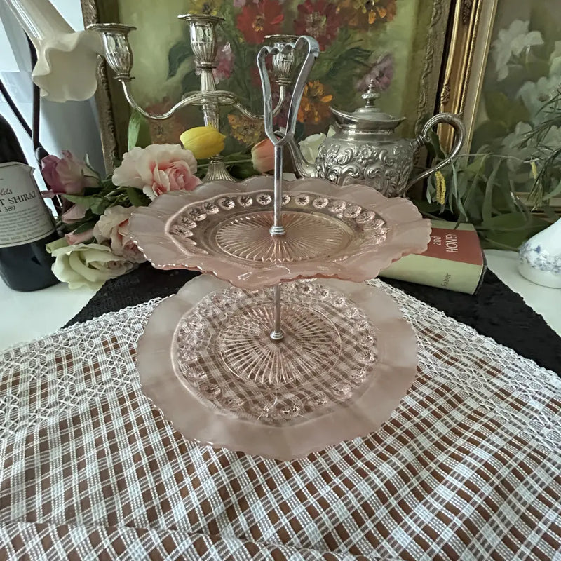 Mid-Century-Pink-Pressed-Glass-Tiered-Stand Front