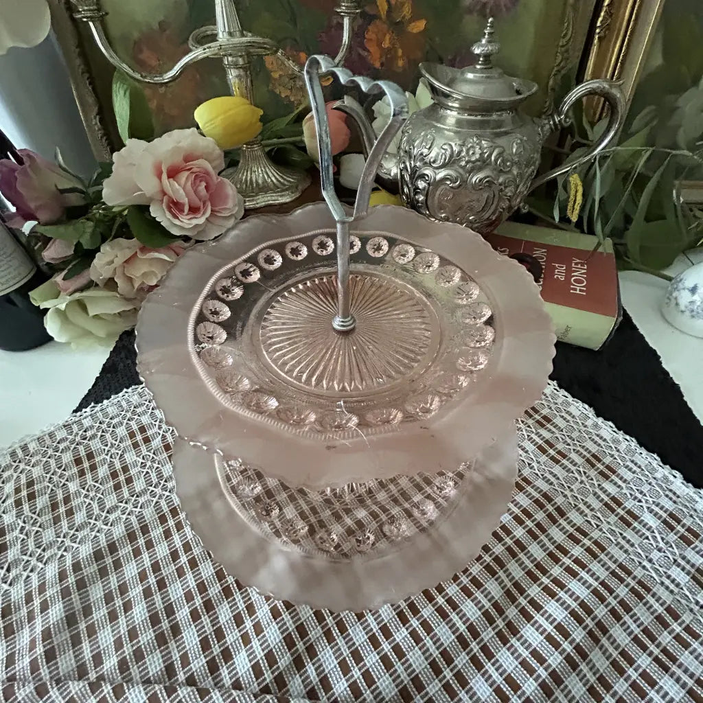 Mid-Century-Pink-Pressed-Glass-Tiered-Stand Close