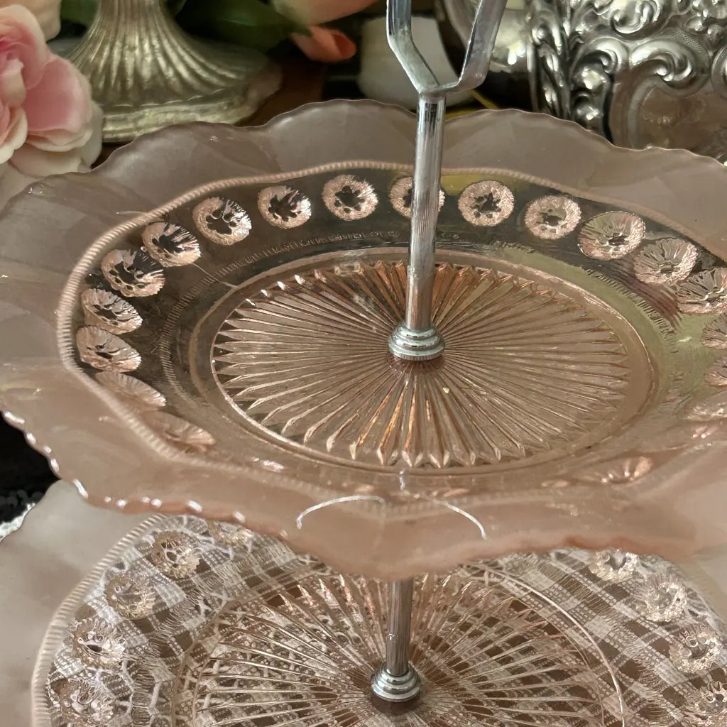 Mid-Century-Pink-Pressed-Glass-Tiered-Stand Right