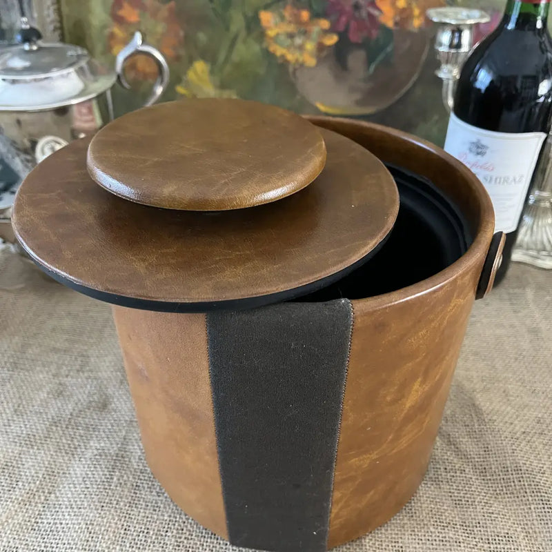 Vintage Leather Bound Elmar Ice Bucket Lid Off