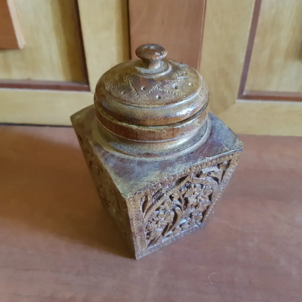 19th Century Hand Carved Wooden Tea Caddy Centre
