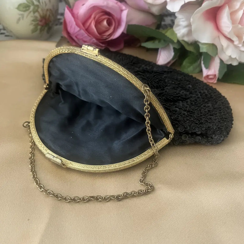 Beaded Black Handbag or Evening Bag 1950's Lid Off