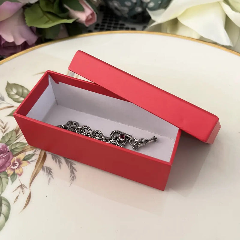 Eternal Heart Bracelet Royal Order Sterling Silver with Garnet Box Open