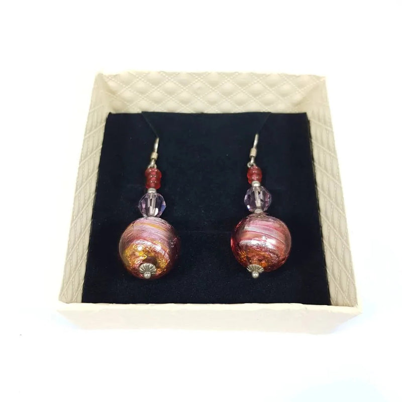 Hand Painted Pink Murano Glass Drop Earrings Boxed
