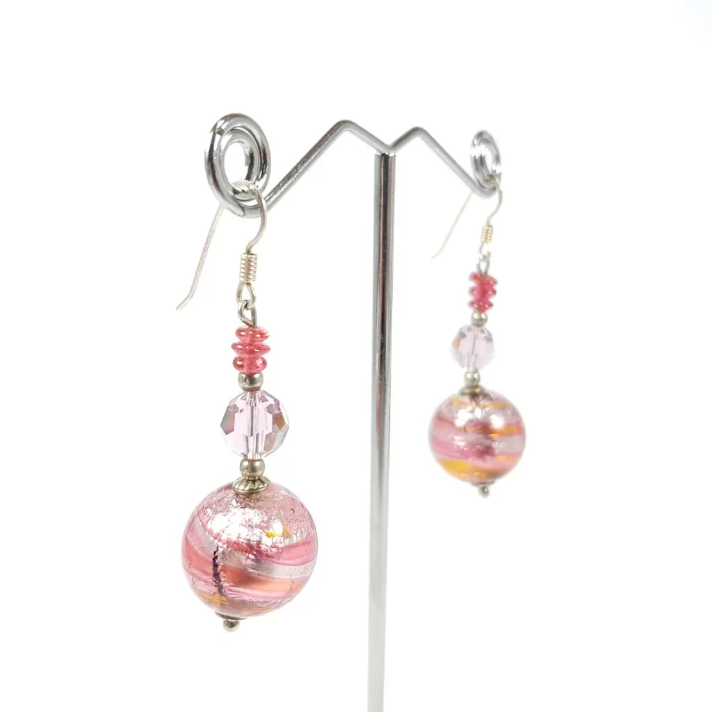 Hand Painted Pink Murano Glass Drop Earrings Left