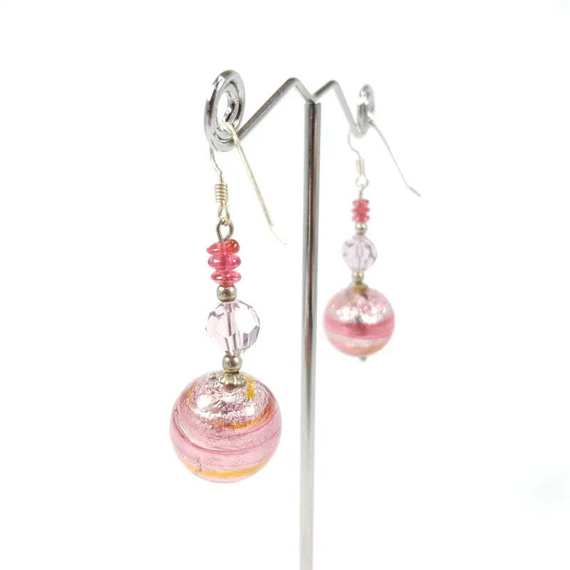 Hand Painted Pink Murano Glass Drop Earrings Right