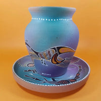 Indigenous Hand Painted Terracotta Vase and Plate Set Centre