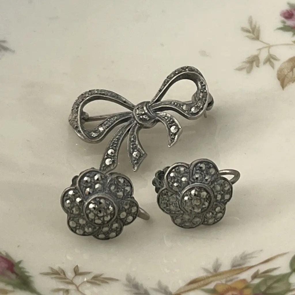 Marcasite Art Nouveau Sterling Silver floral Earrings and Brooch Main