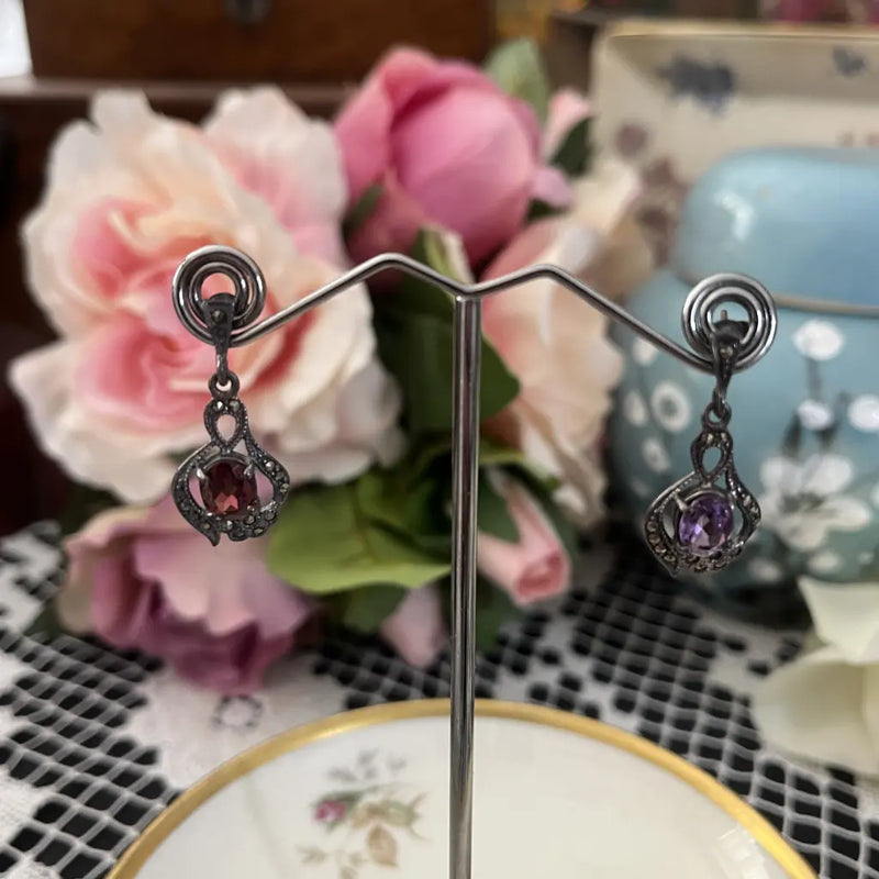 Sterling Marcasite Drop Earrings set with red and purple paste Close