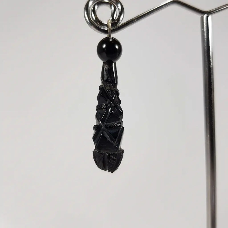 Victorian Carved Jet Drop Earrings c 1860 Close