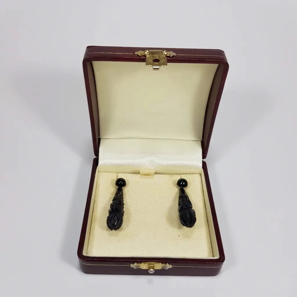 Victorian Carved Jet Drop Earrings c 1860 Open