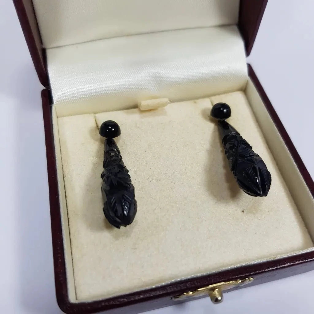 Victorian Carved Jet Drop Earrings c 1860 Main