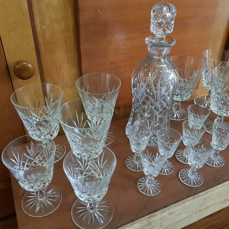 Vintage Crystal Cut Decanter and Glass set Left