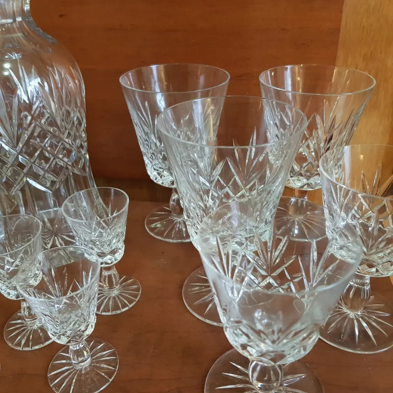 Vintage Crystal Cut Decanter and Glass set Close Up