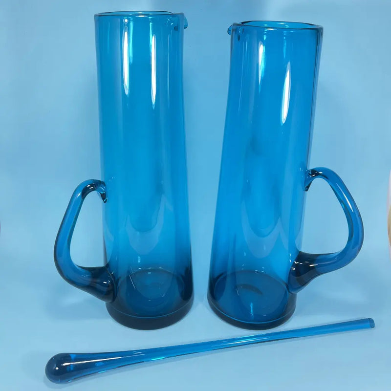 Vintage Retro Blue Glass Water Pitchers and Glass Set 1970's Main
