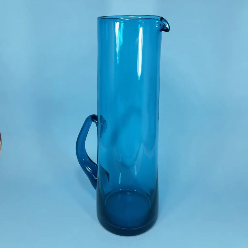 Vintage Retro Blue Glass Water Pitchers and Glass Set 1970's Pitcher