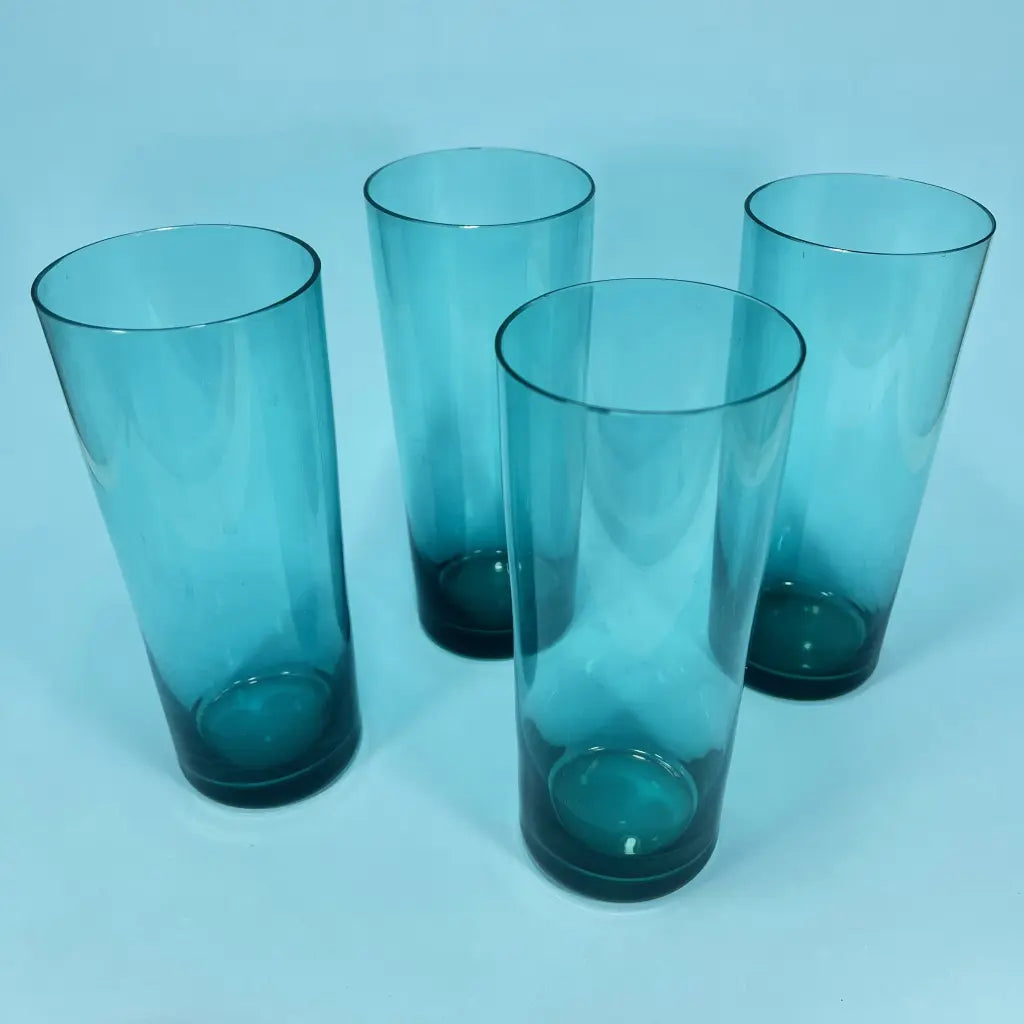 Vintage Retro Blue Glass Water Pitchers and Glass Set 1970's Tall Close