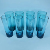 Vintage Retro Blue Glass Water Pitchers and Glass Set 1970's Tall