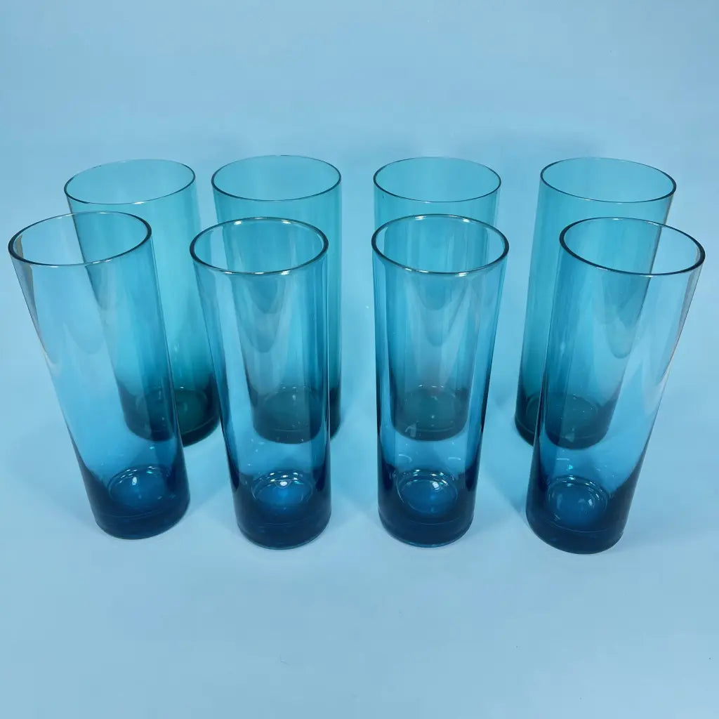 Vintage Retro Blue Glass Water Pitchers and Glass Set 1970's Tall