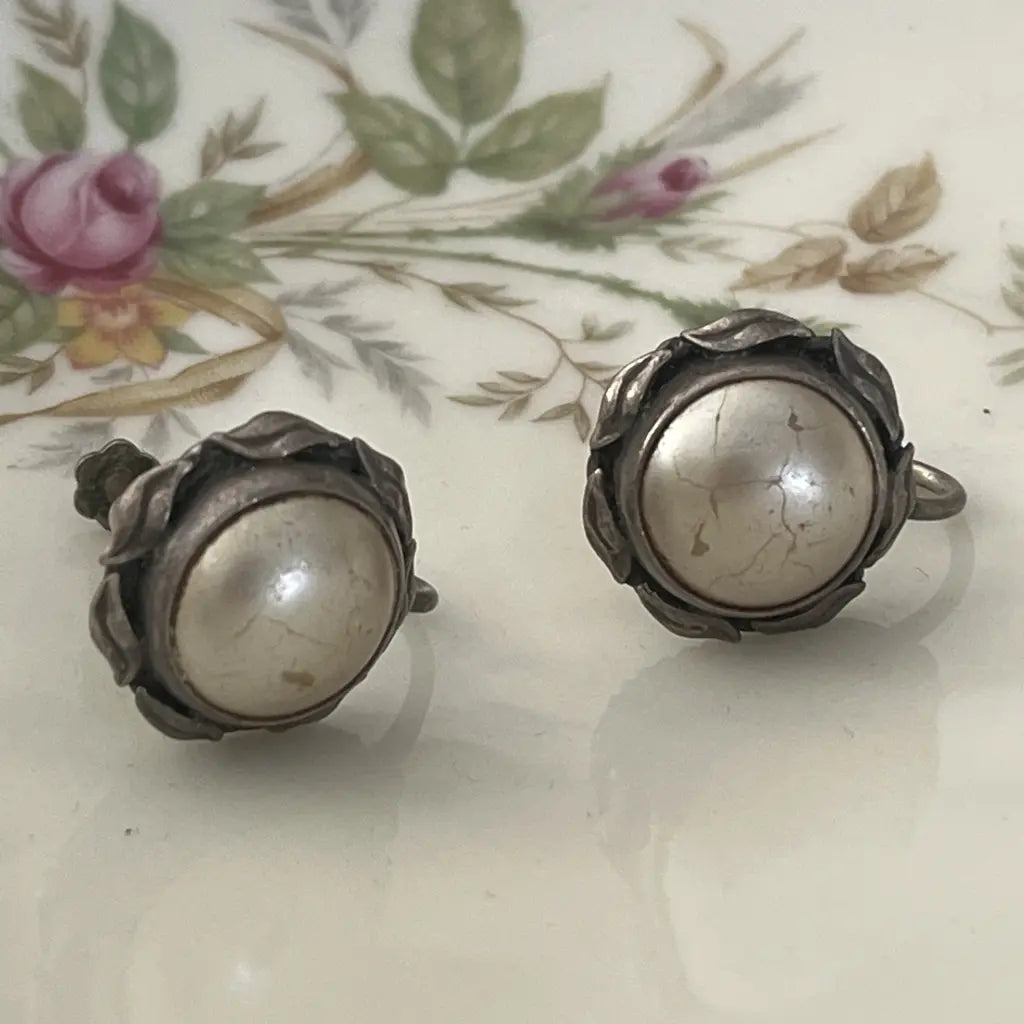 Vintage Single Pearl Art Deco Sterling Silver Screw Back Earrings TOgether
