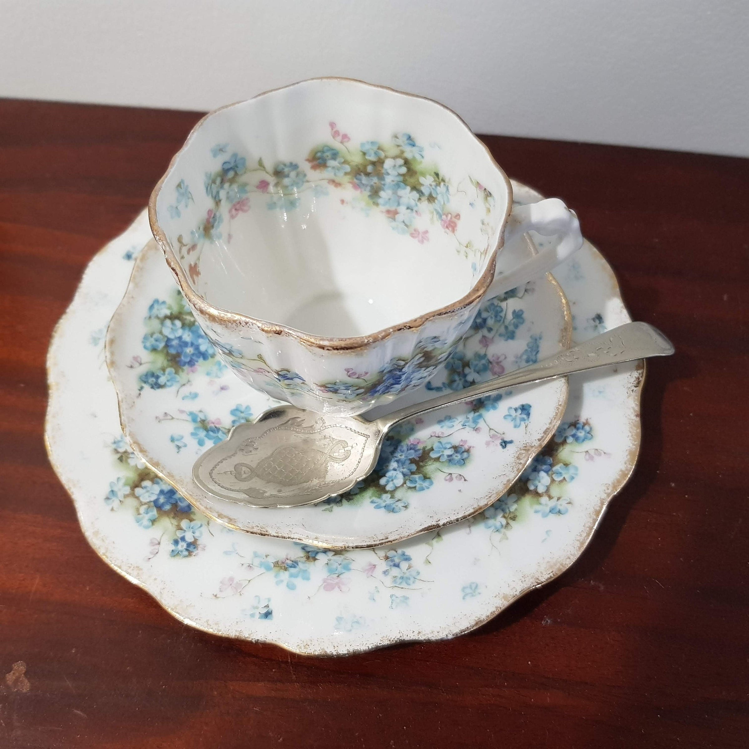 Blue Flower Pattern Tea Set with Silver spoon Top View